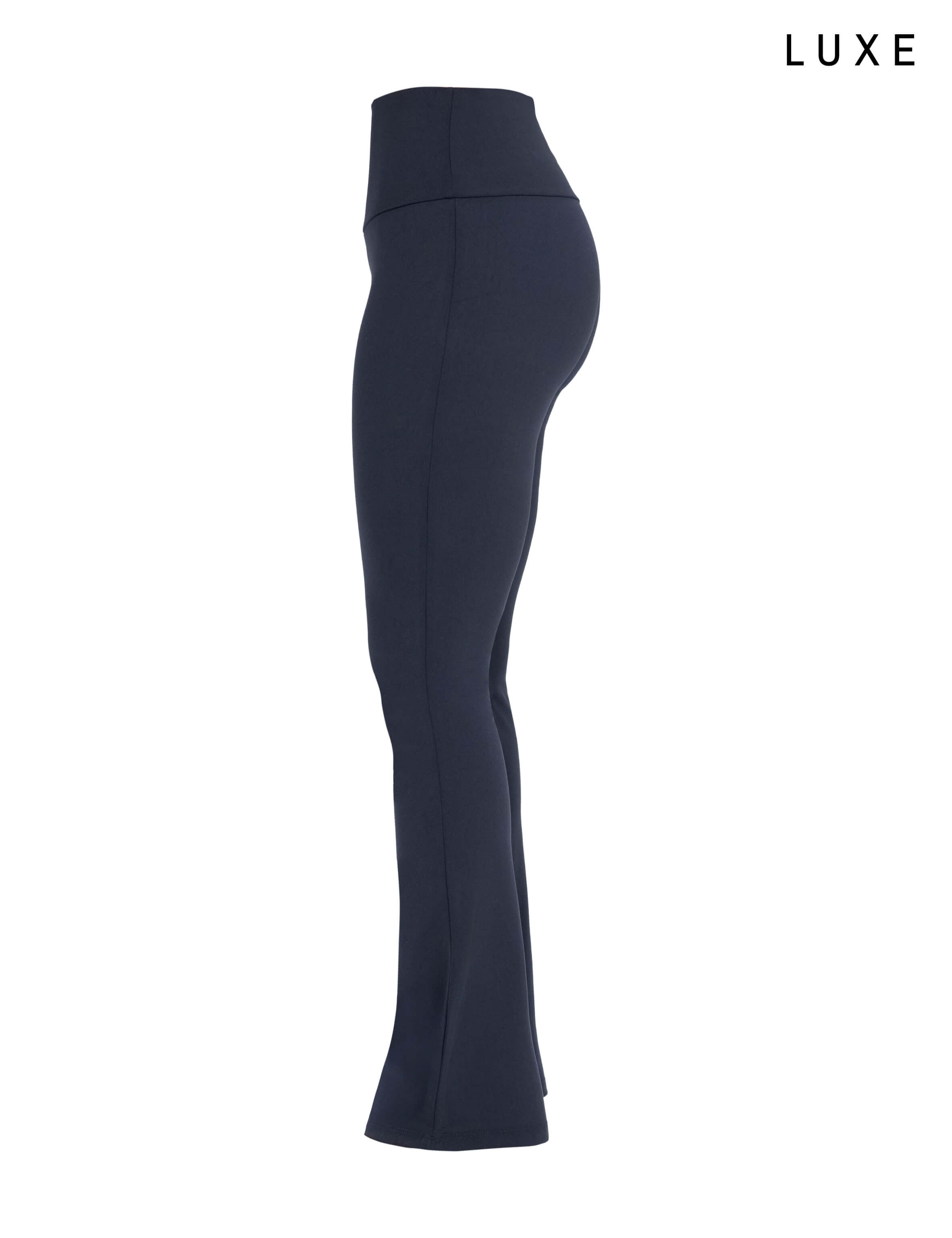 Navy blue sports activewear buttery-soft flared pants by KAF on a white background with 'LUXE' branding.