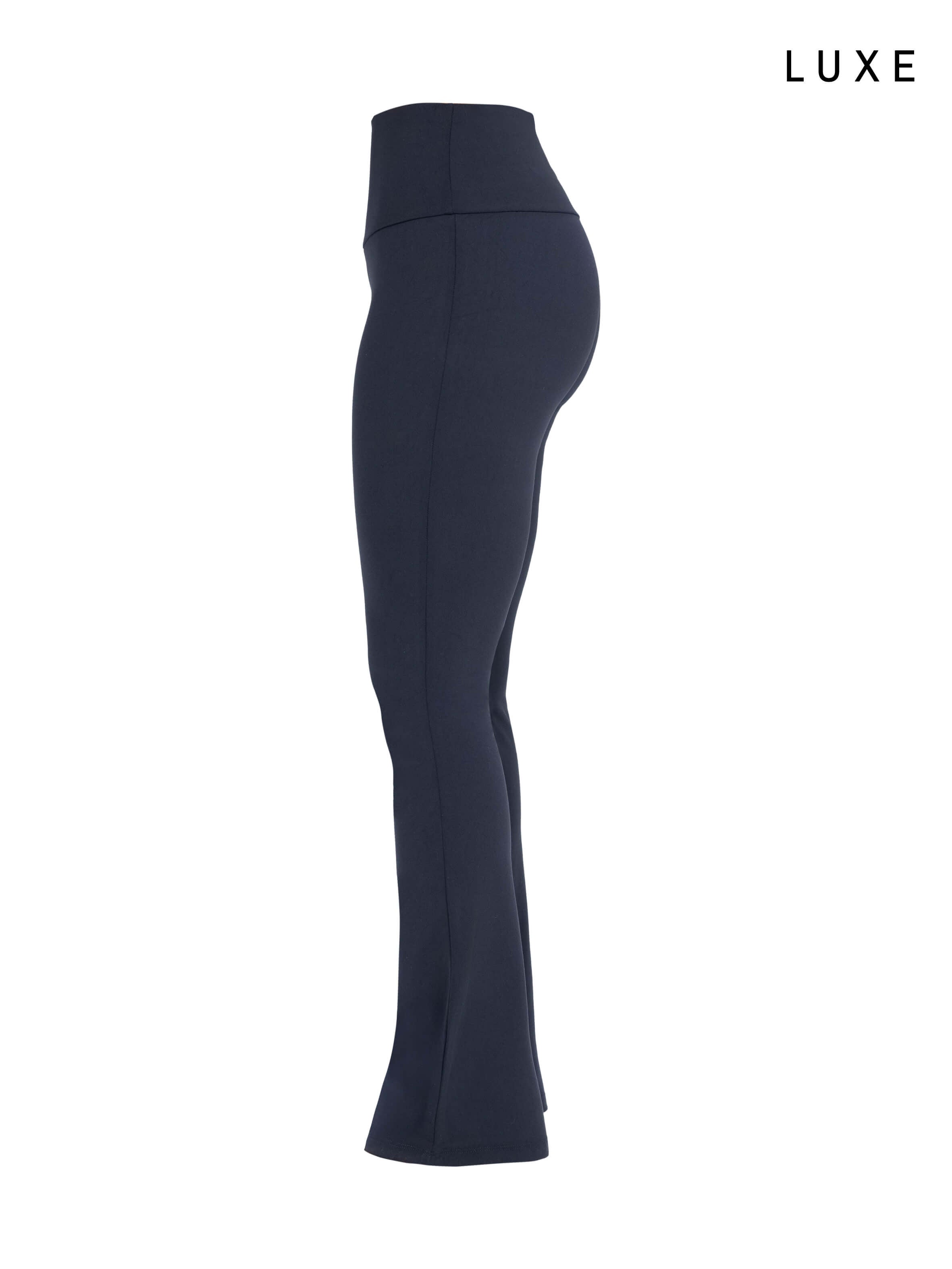 Navy blue sports activewear buttery-soft flared pants by KAF on a white background with 'LUXE' branding.