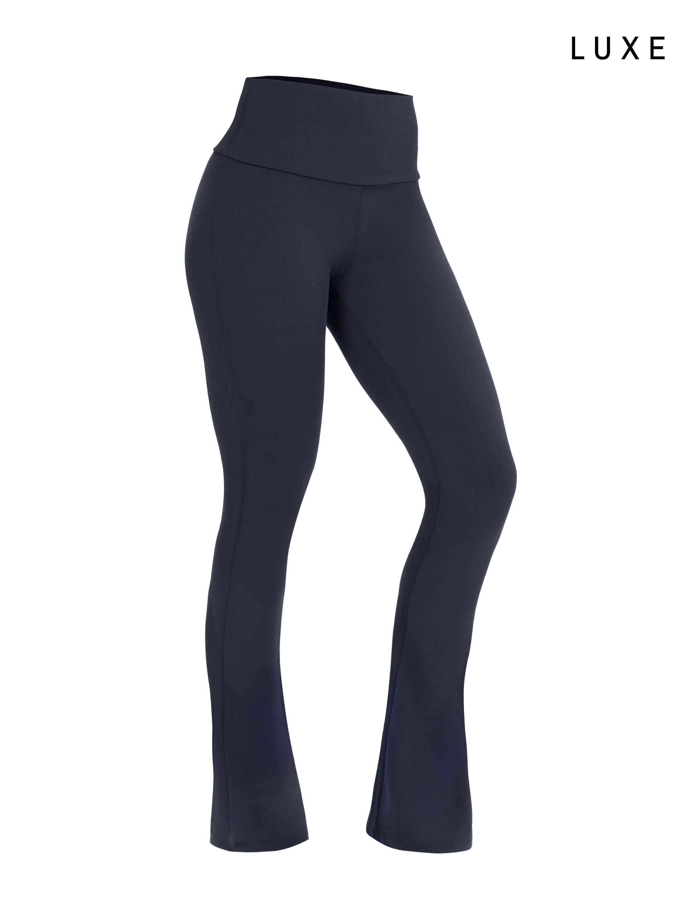Navy blue sports activewear buttery-soft flared pants by KAF on a white background with 'LUXE' branding.