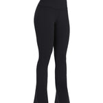 Black sports activewear buttery-soft flared pants by KAF on a white background with 'LUXE' branding.