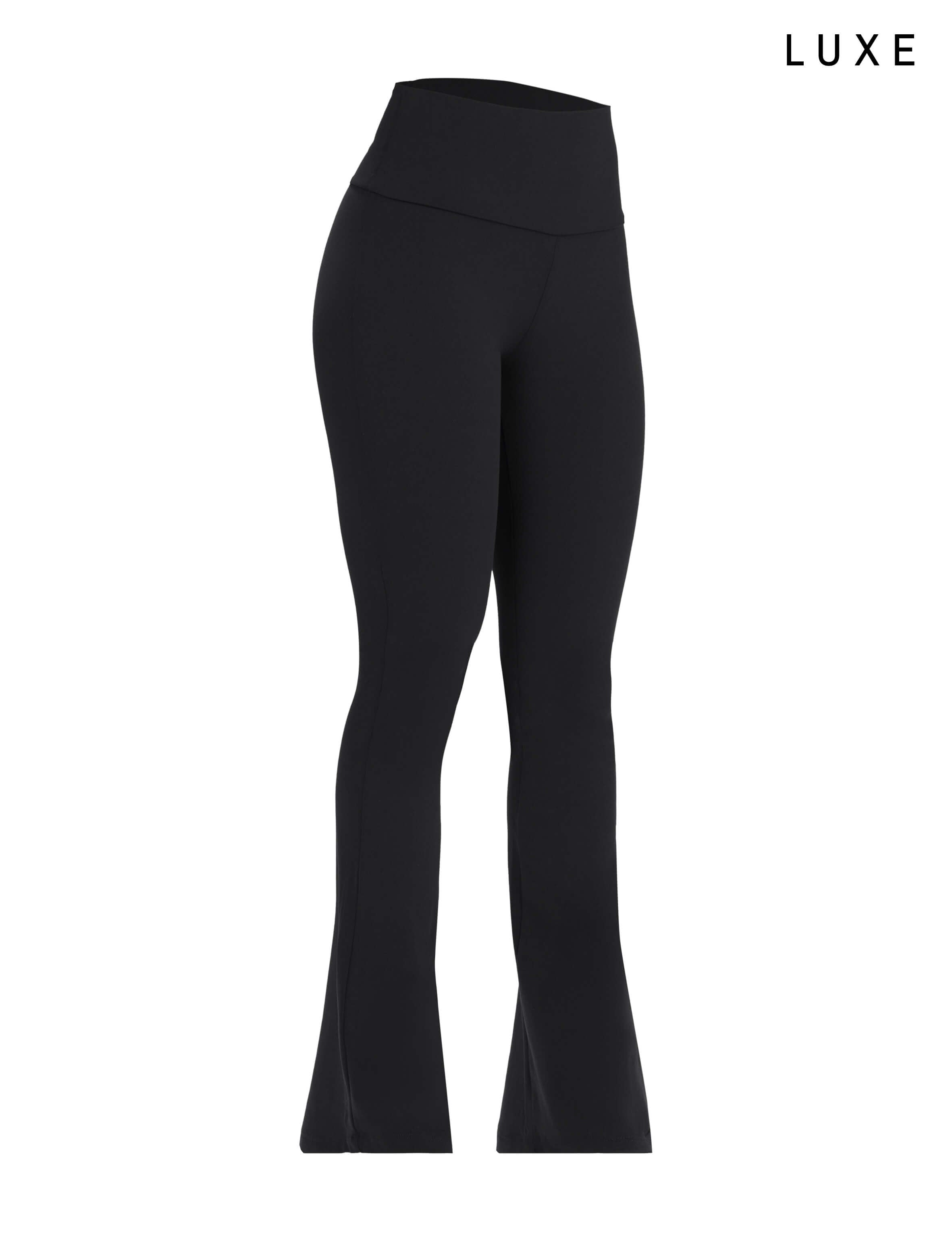 Black sports activewear buttery-soft flared pants by KAF on a white background with 'LUXE' branding.