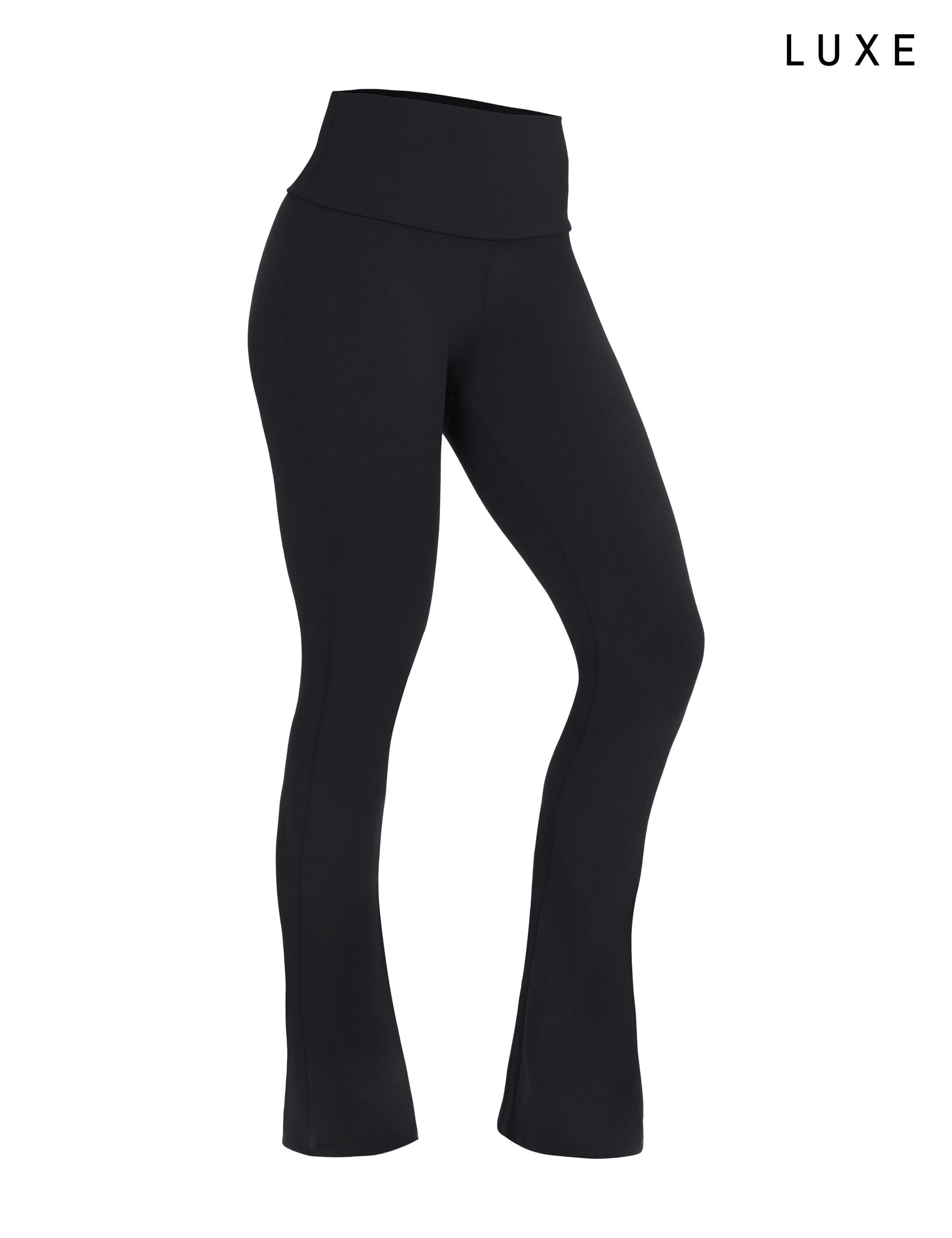 Black sports activewear buttery-soft flared pants by KAF on a white background with 'LUXE' branding.