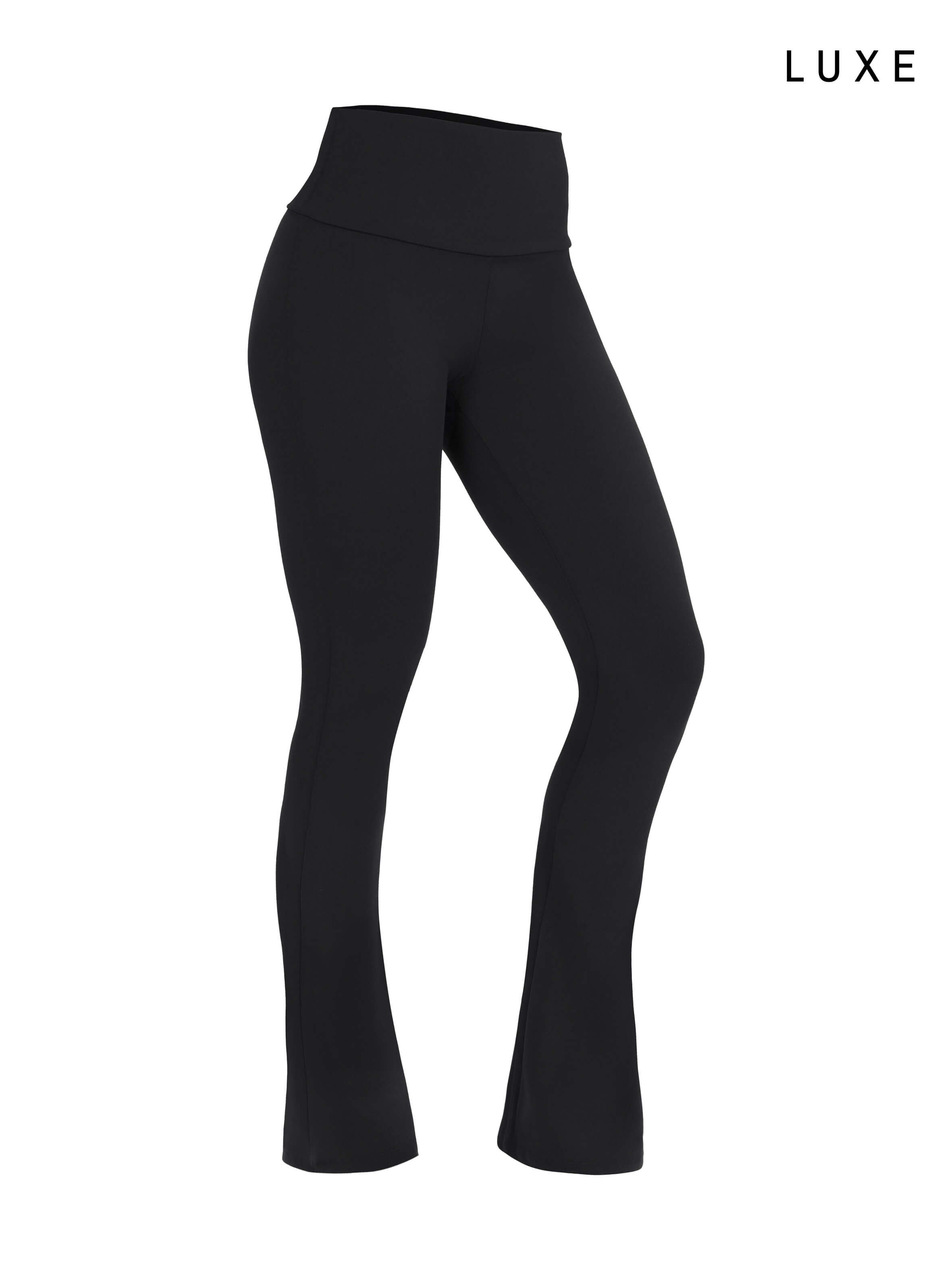 Black sports activewear buttery-soft flared pants by KAF on a white background with 'LUXE' branding.