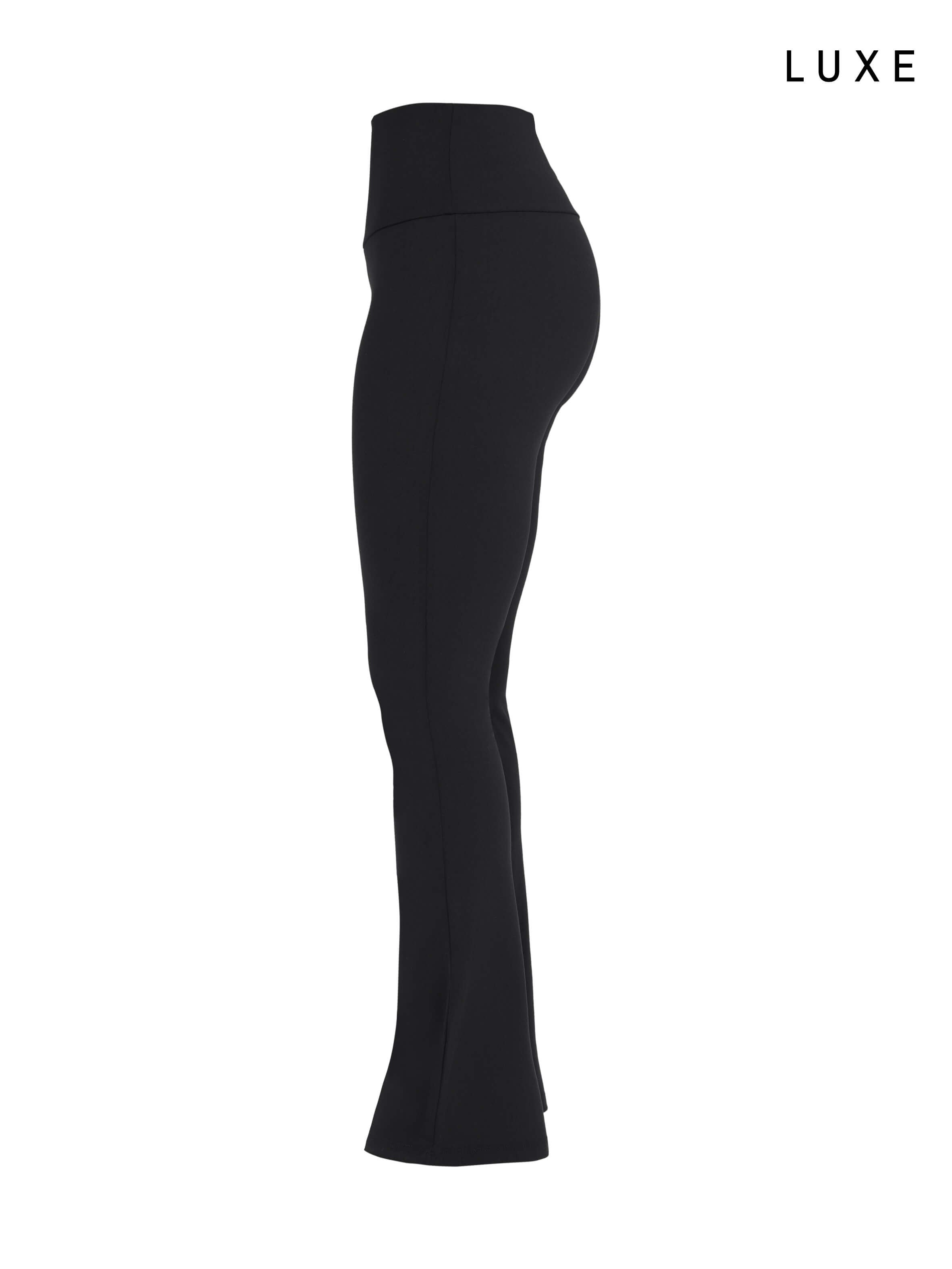 Black sports activewear buttery-soft flared pants by KAF on a white background with 'LUXE' branding.