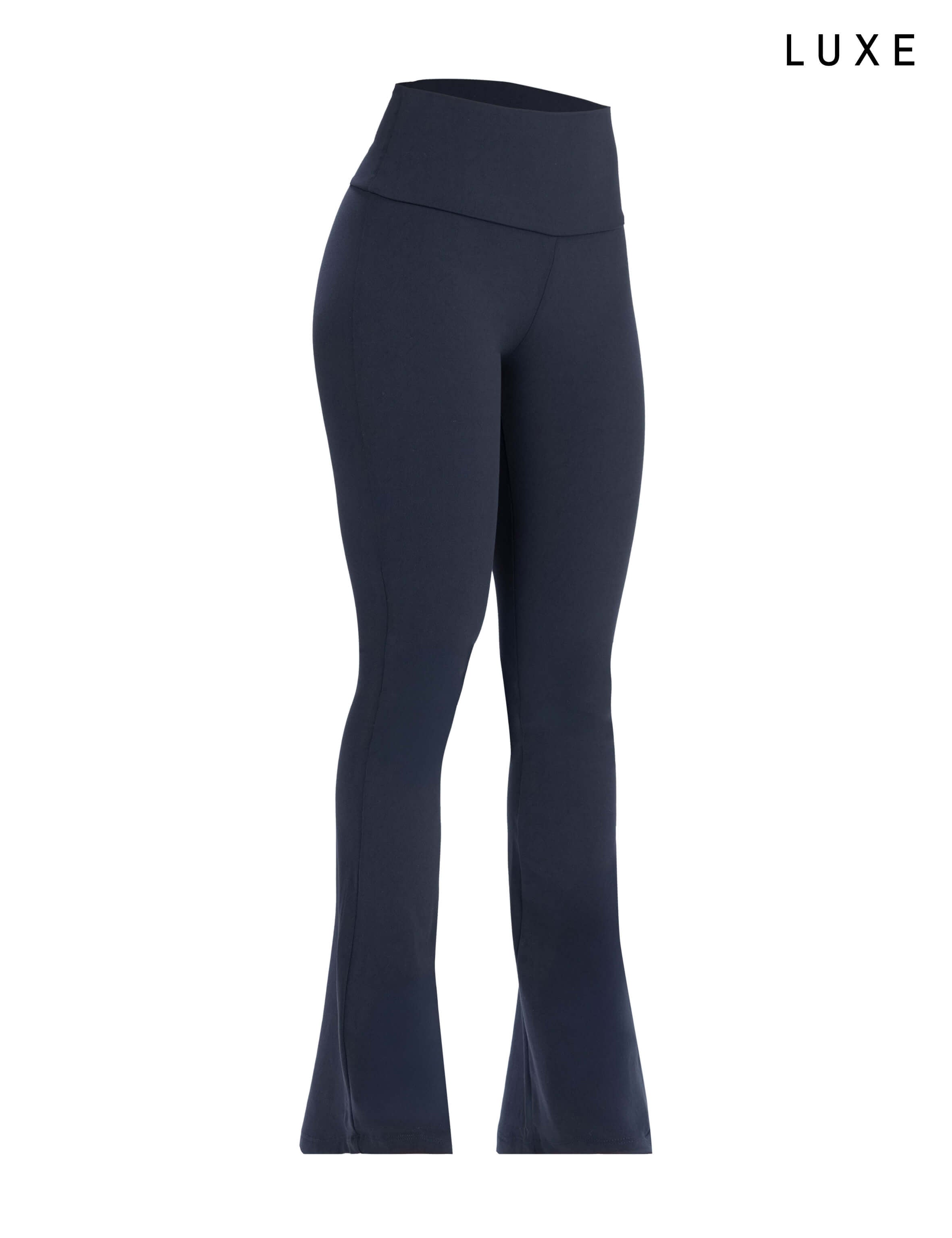 Navy blue sports activewear buttery-soft flared pants by KAF on a white background with 'LUXE' branding.