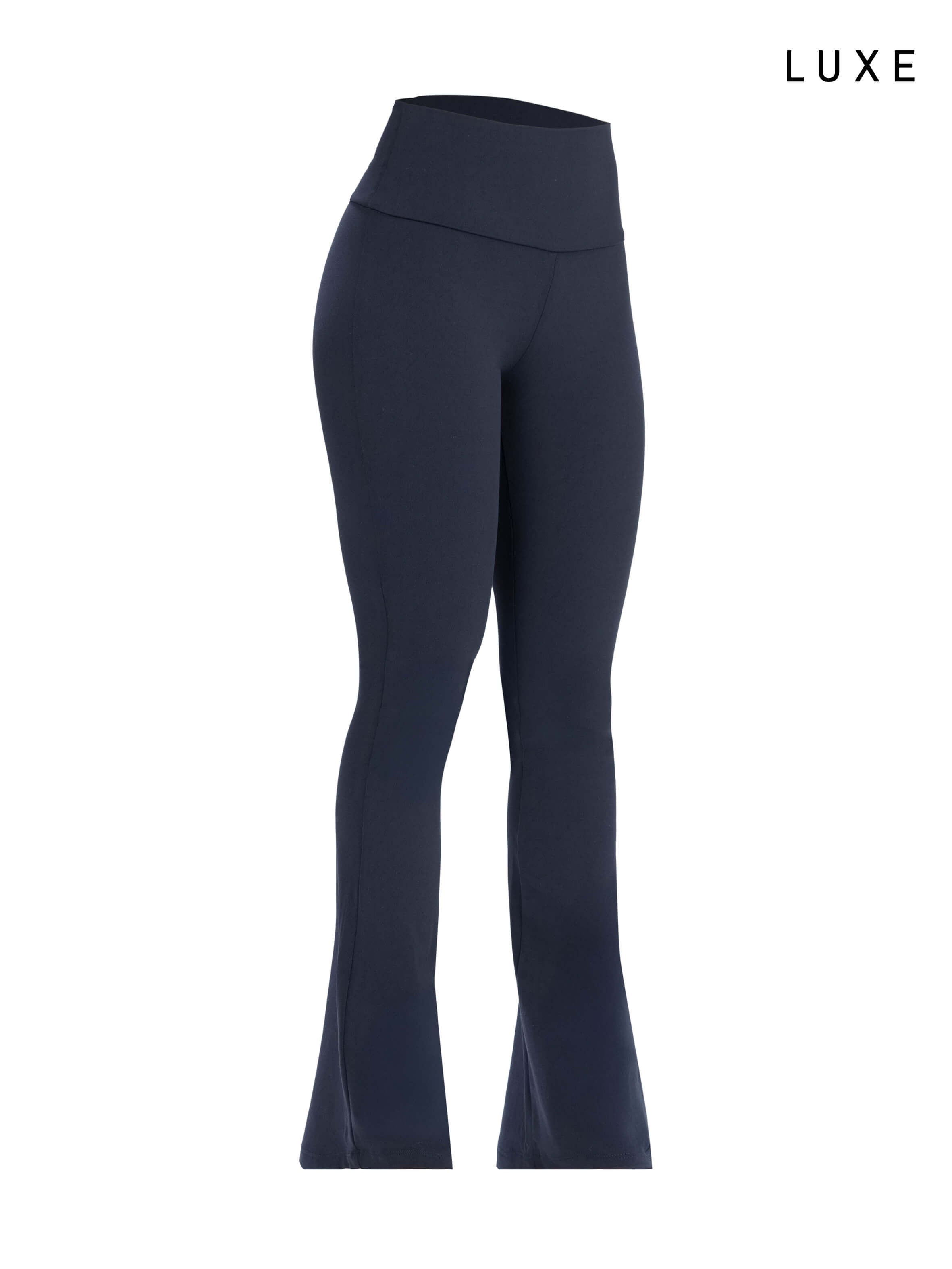 Navy blue sports activewear buttery-soft flared pants by KAF on a white background with 'LUXE' branding.