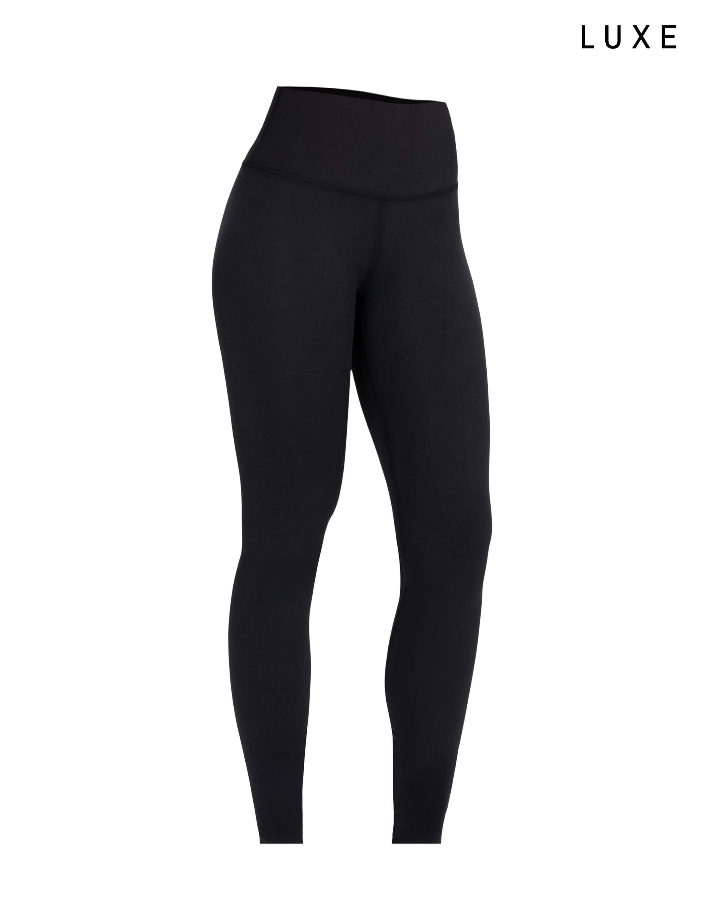 Black sports activewear buttery-soft leggings by KAF on a white background with 'LUXE' branding.