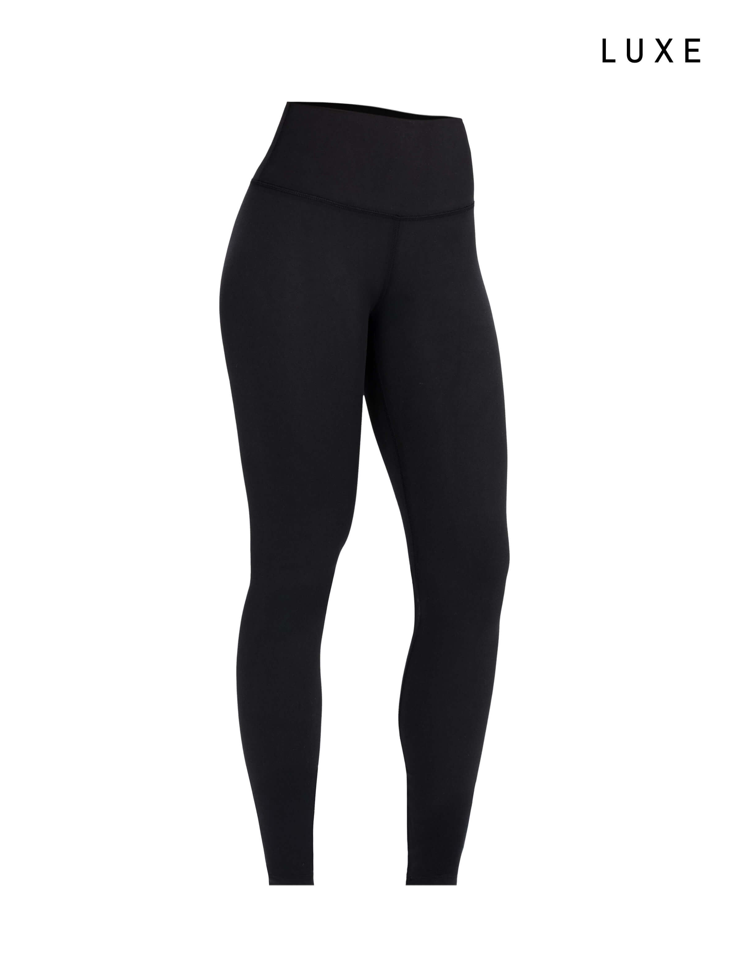 Black sports activewear buttery-soft leggings by KAF on a white background with 'LUXE' branding.