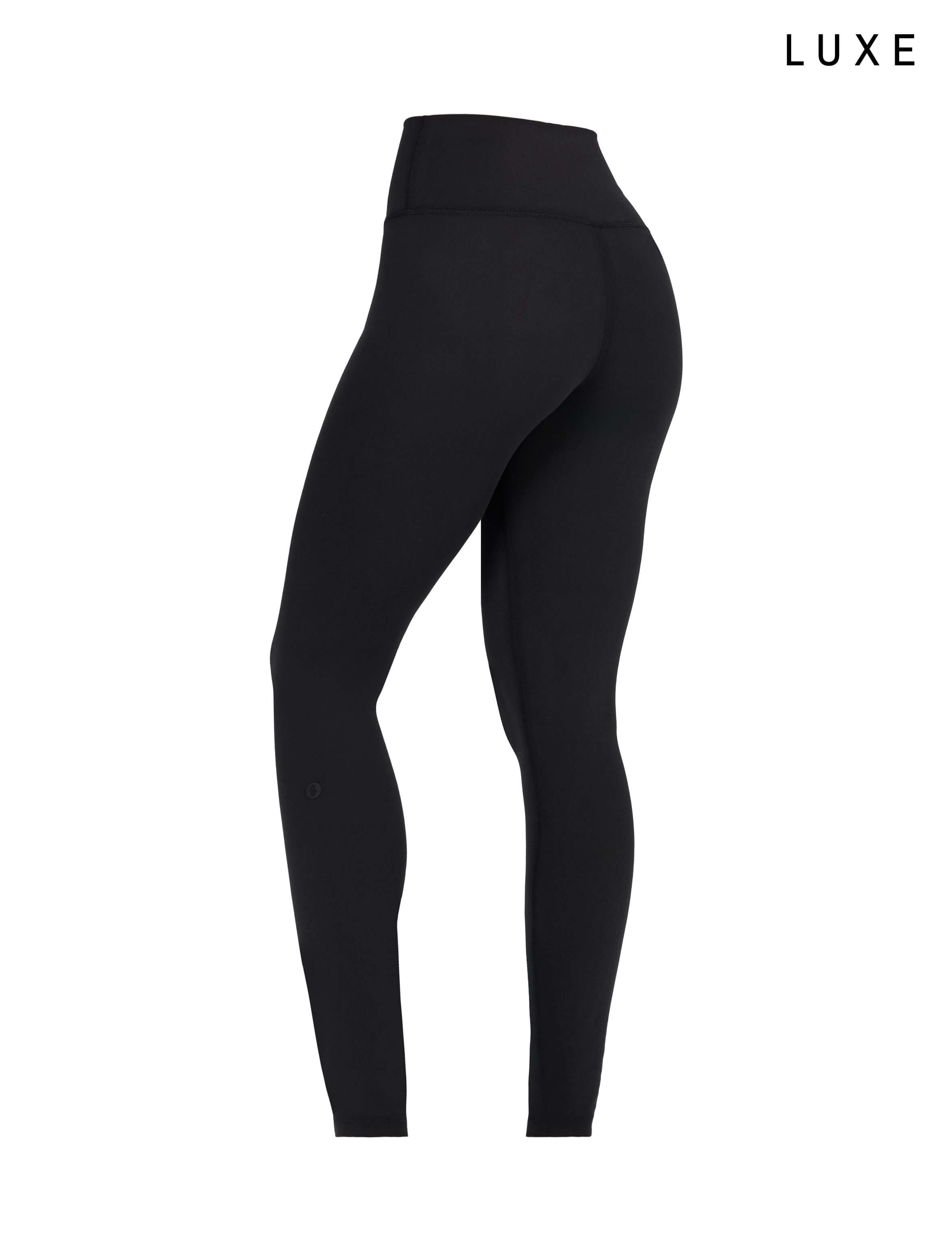 Black sports activewear buttery-soft leggings by KAF on a white background with 'LUXE' branding.