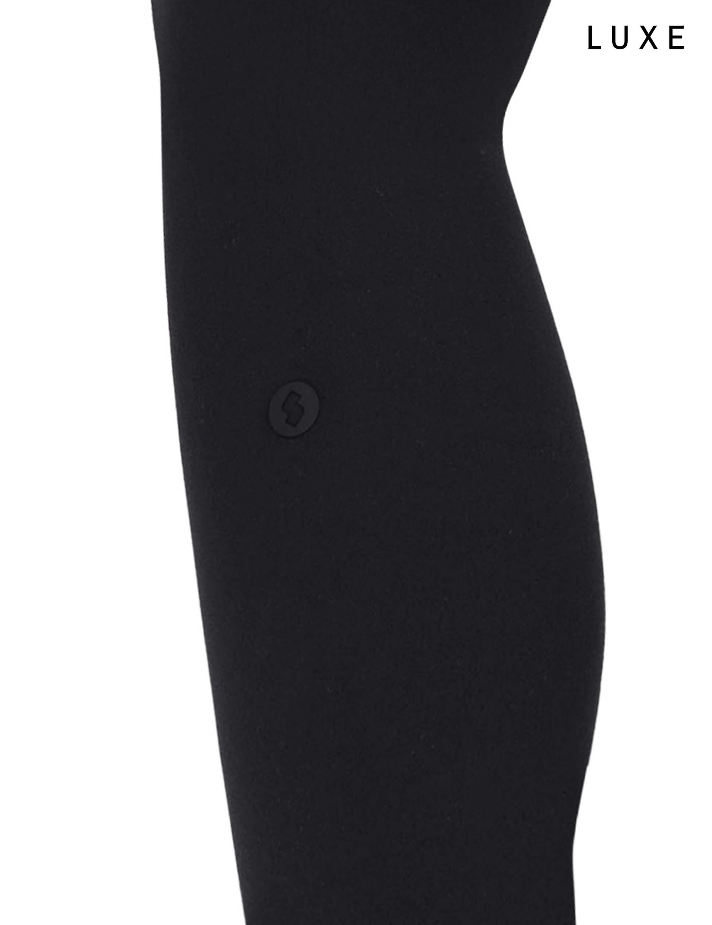 Black sports activewear buttery-soft leggings by KAF on a white background with 'LUXE' branding.