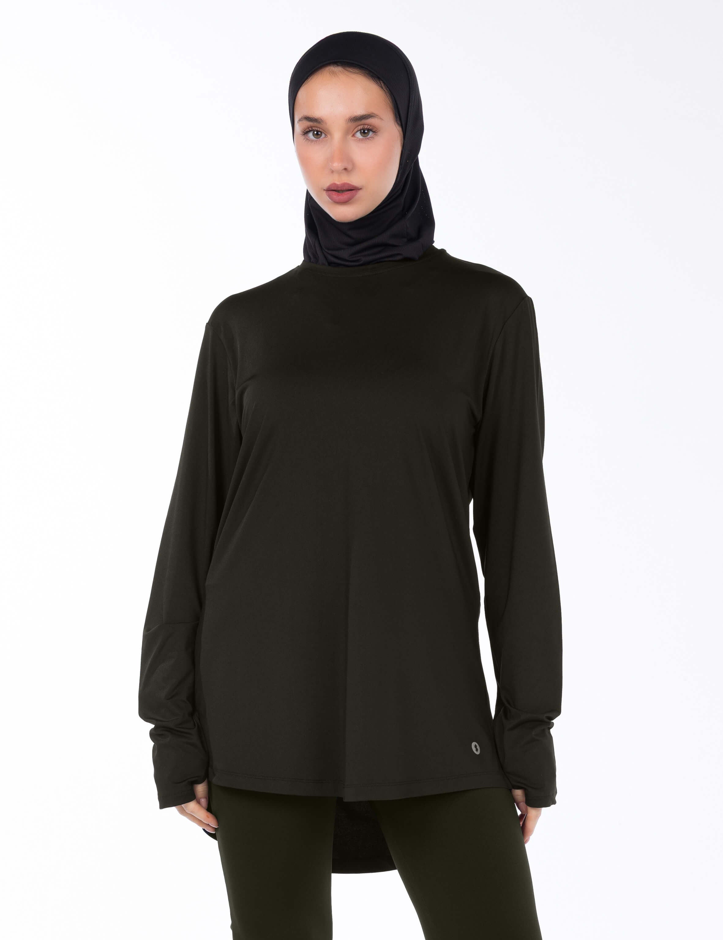 WOMEN BROWN MODEST LONG-SLEEVE SPORTS GYM  TOP