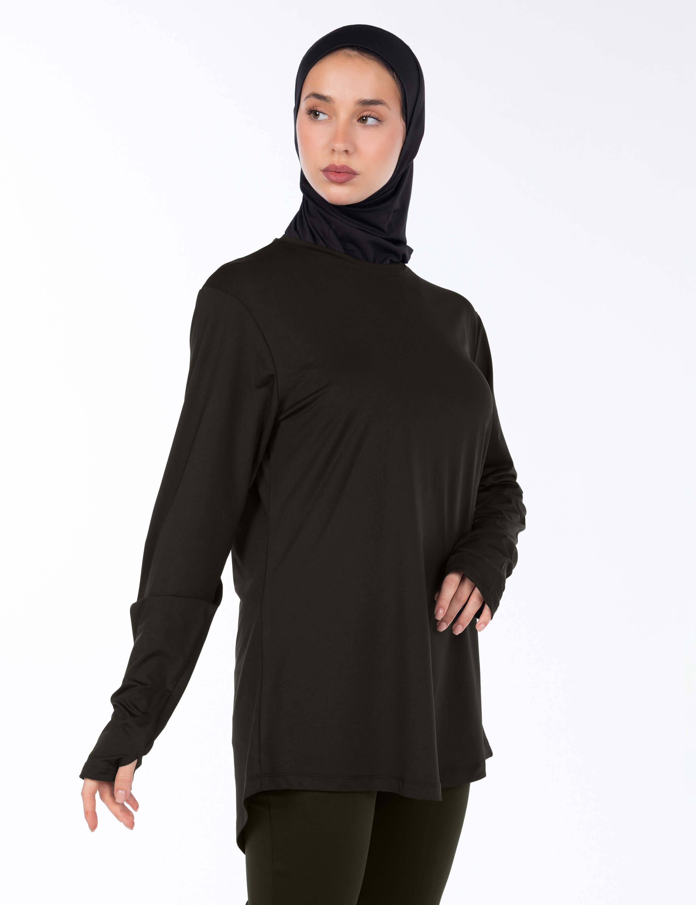 WOMEN BROWN MODEST LONG-SLEEVE SPORTS GYM  TOP