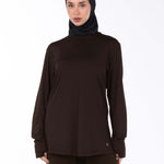 WOMEN BROWN MODEST LONG-SLEEVE SPORTS GYM  TOP