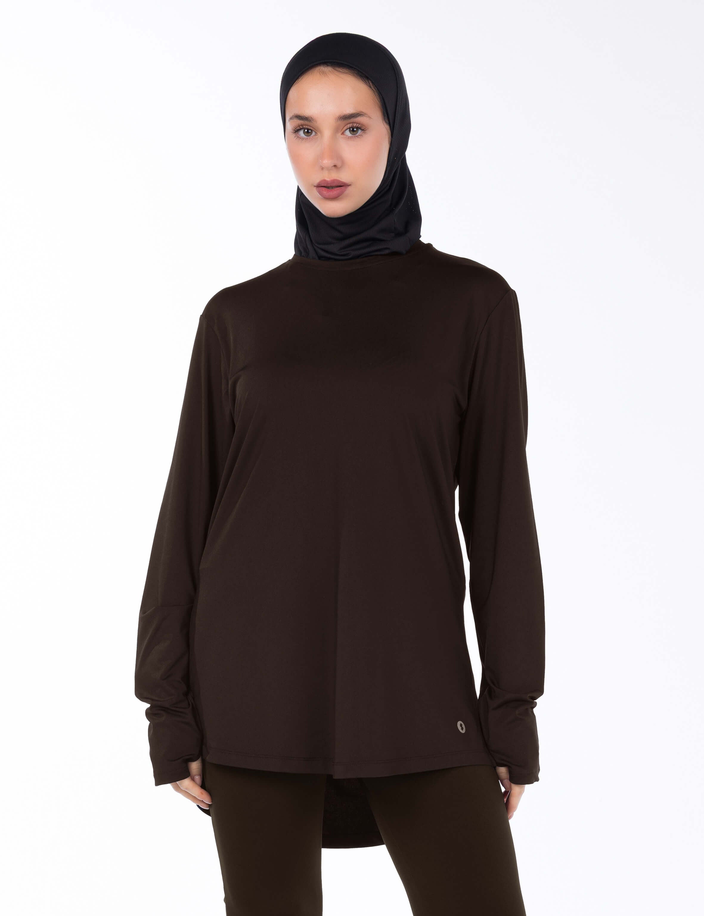 WOMEN BROWN MODEST LONG-SLEEVE SPORTS GYM  TOP