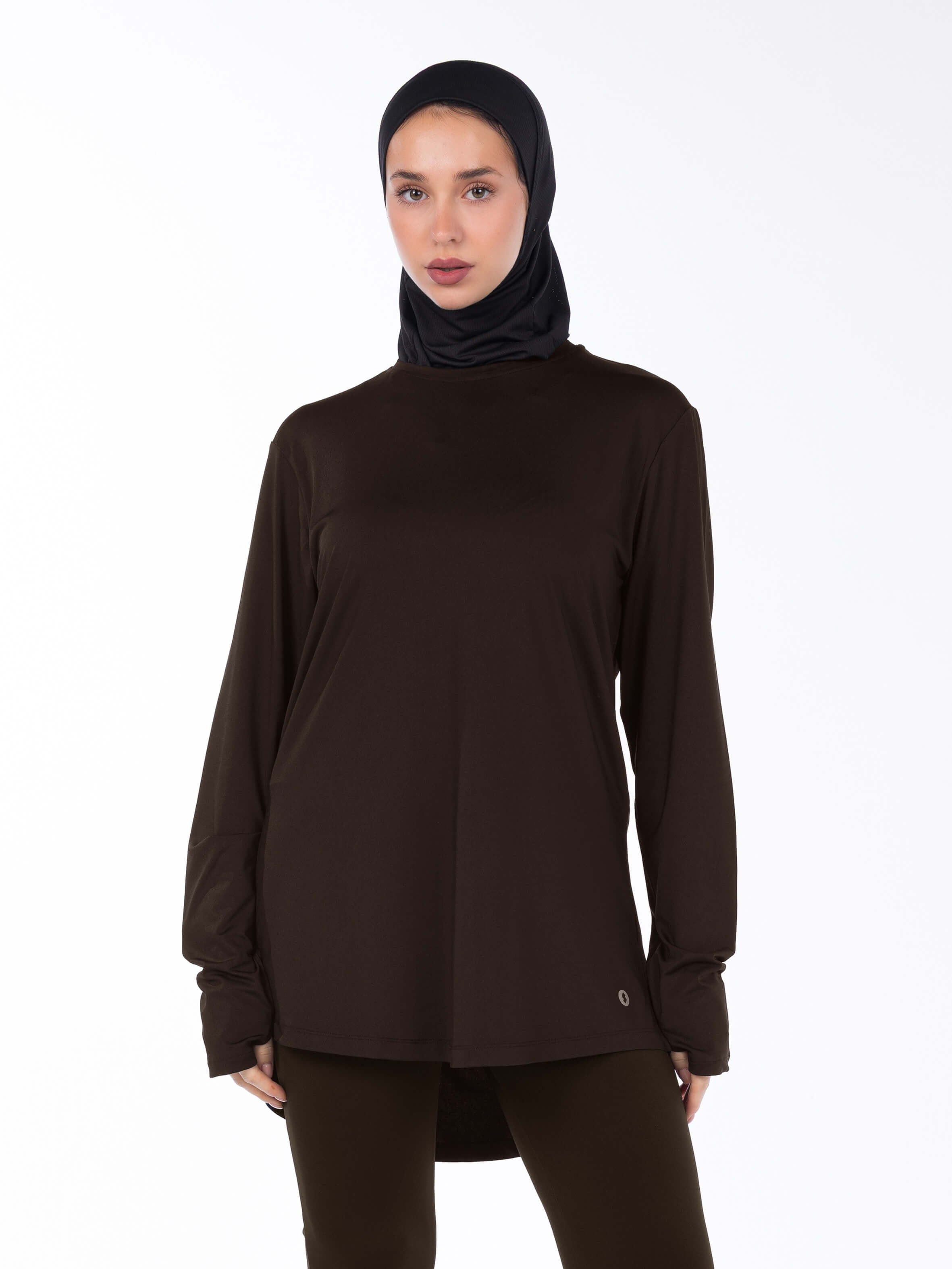 WOMEN BROWN MODEST LONG-SLEEVE SPORTS GYM  TOP