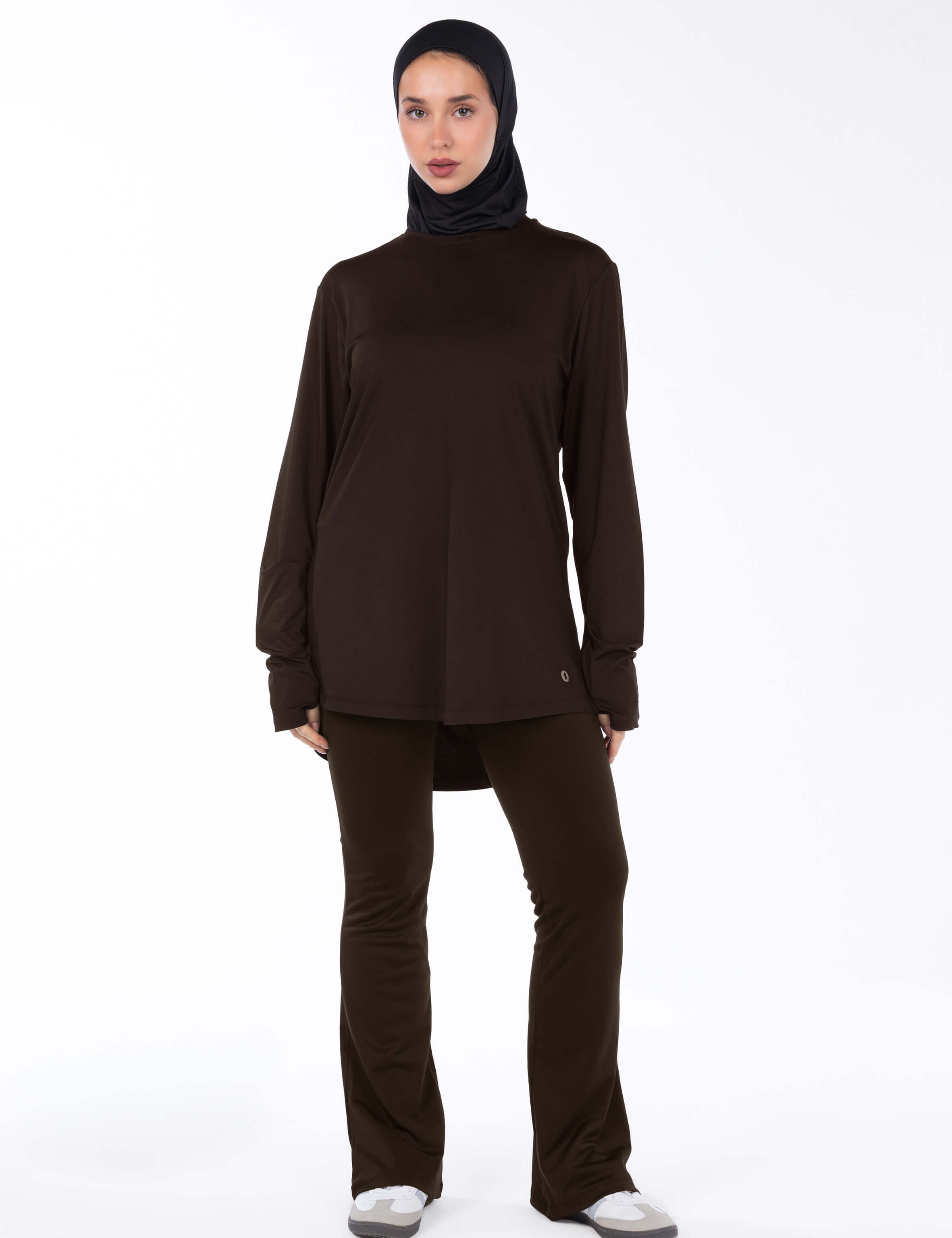 WOMEN BROWN MODEST LONG-SLEEVE SPORTS GYM  TOP and Flare Pants