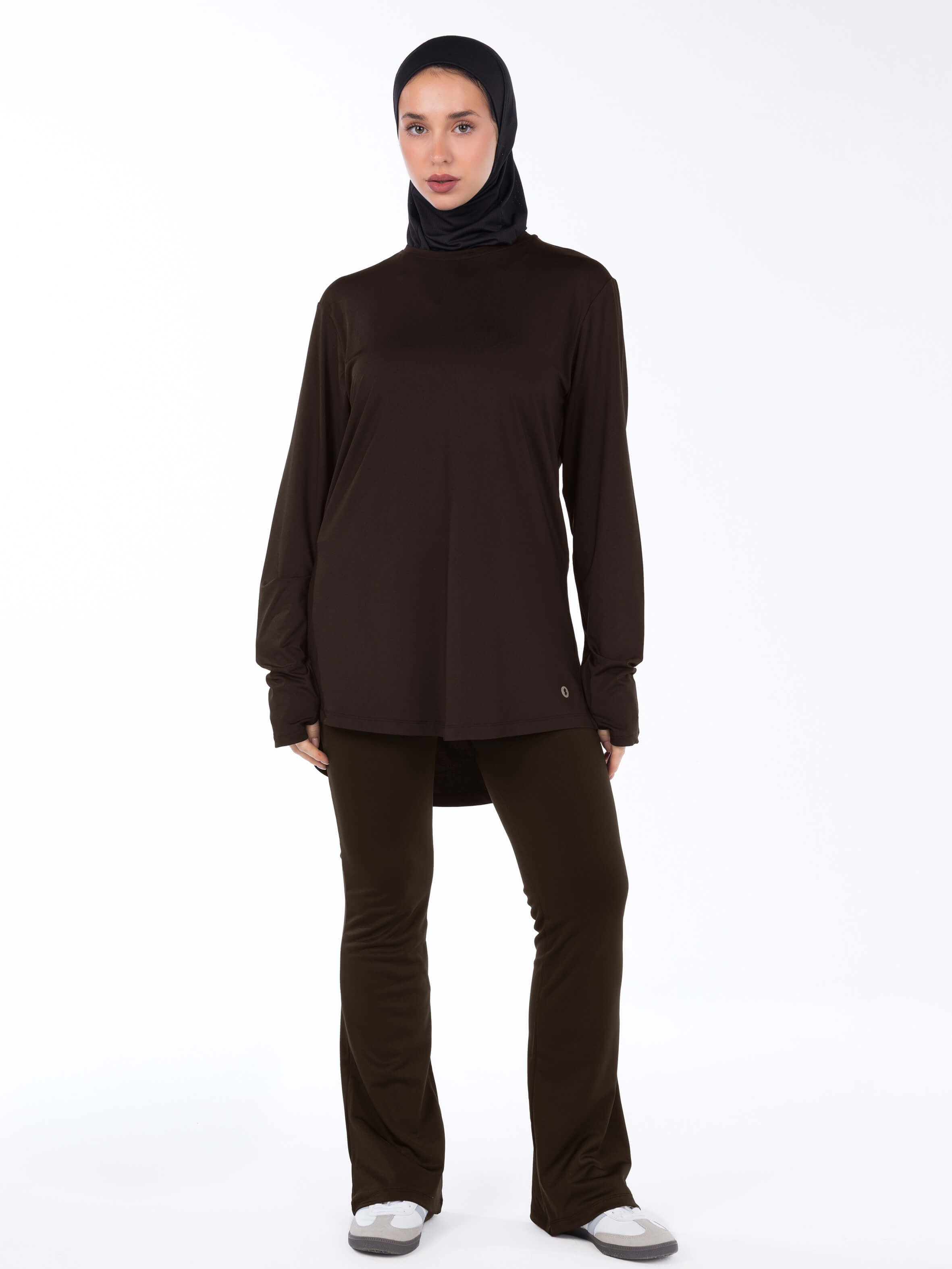 WOMEN BROWN MODEST LONG-SLEEVE SPORTS GYM  TOP and Flare Pants