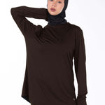 WOMEN BROWN MODEST LONG-SLEEVE SPORTS GYM  TOP