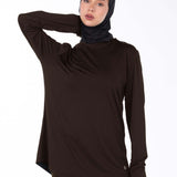 WOMEN BROWN MODEST LONG-SLEEVE SPORTS GYM  TOP