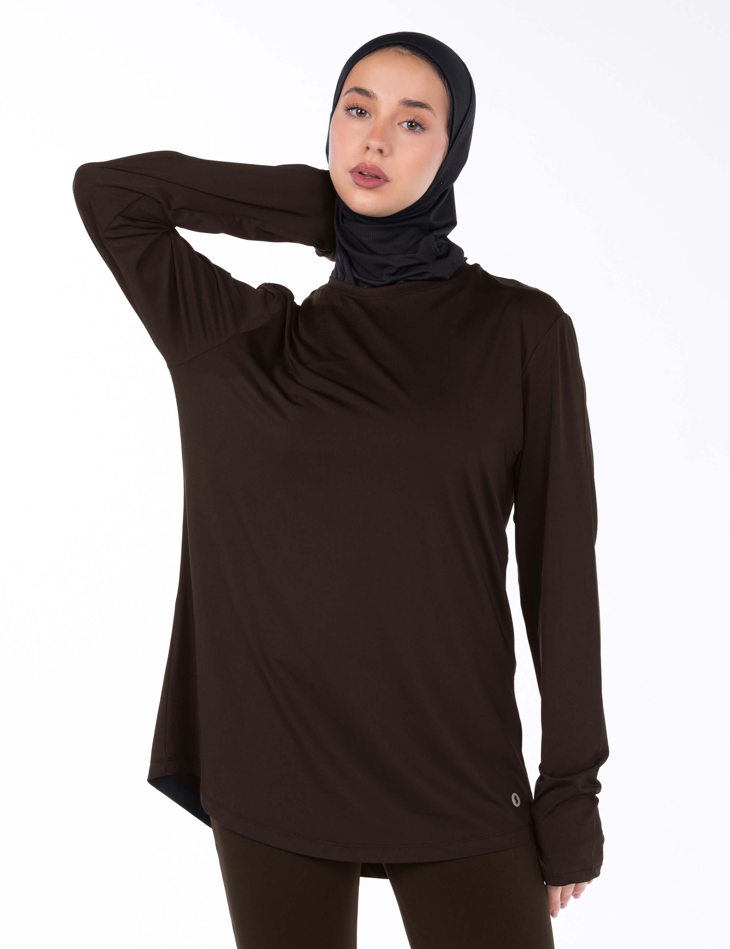 WOMEN BROWN MODEST LONG-SLEEVE SPORTS GYM  TOP