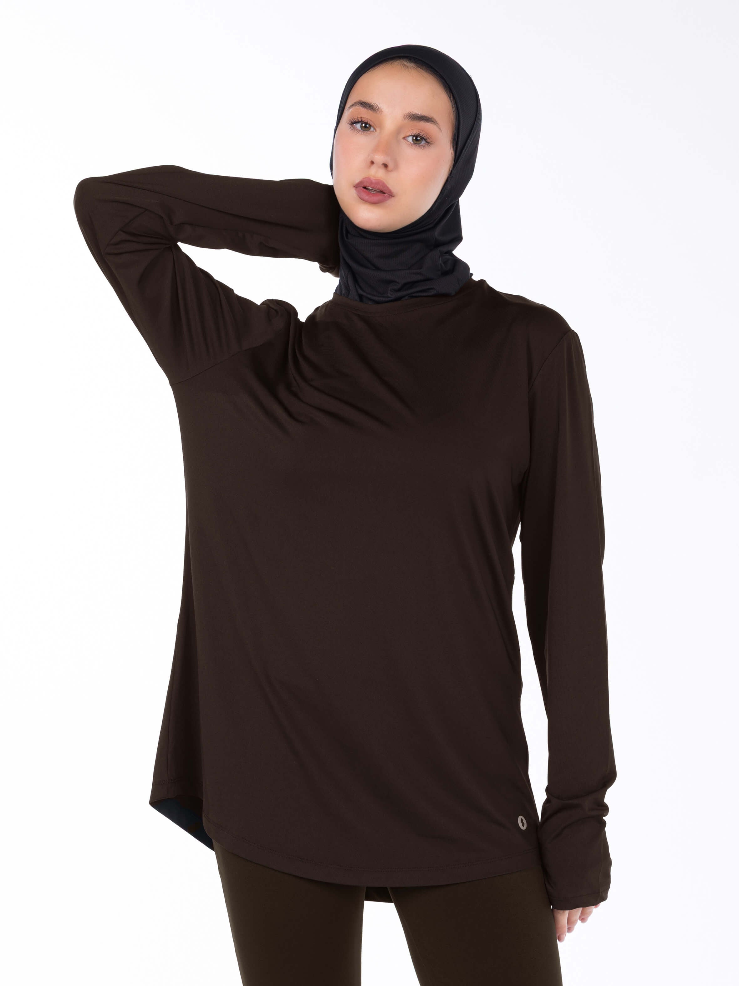 WOMEN BROWN MODEST LONG-SLEEVE SPORTS GYM  TOP