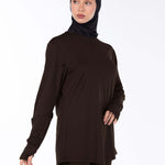 WOMEN BROWN MODEST LONG-SLEEVE SPORTS GYM  TOP