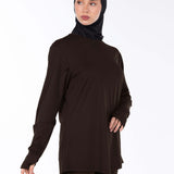 WOMEN BROWN MODEST LONG-SLEEVE SPORTS GYM  TOP