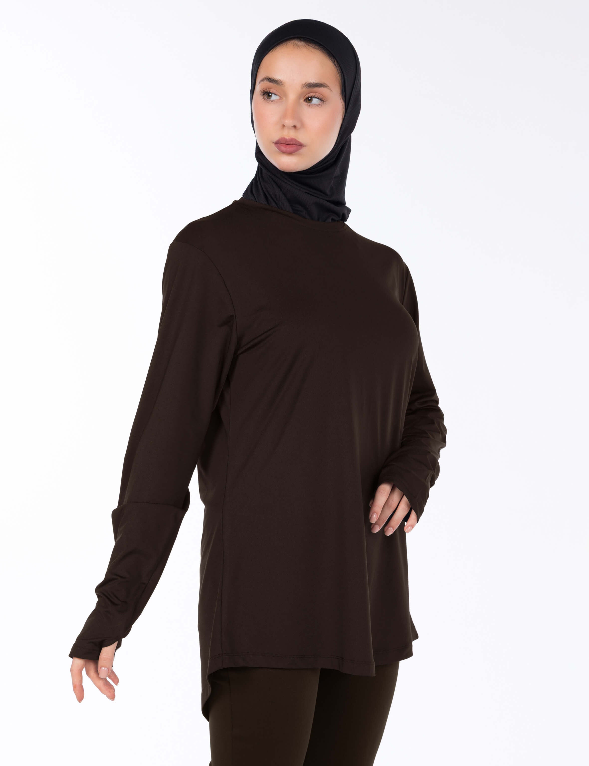 WOMEN BROWN MODEST LONG-SLEEVE SPORTS GYM  TOP