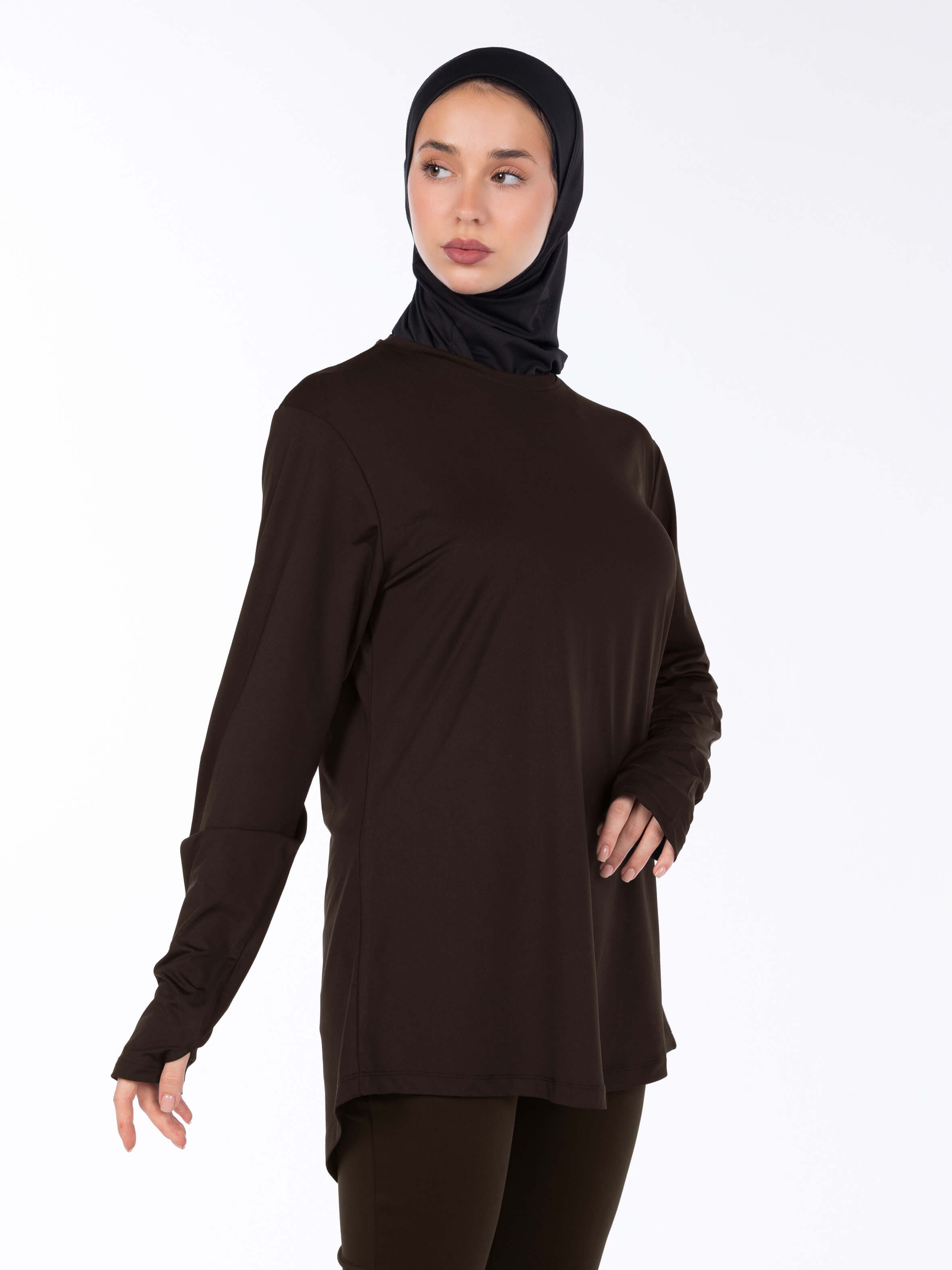WOMEN BROWN MODEST LONG-SLEEVE SPORTS GYM  TOP