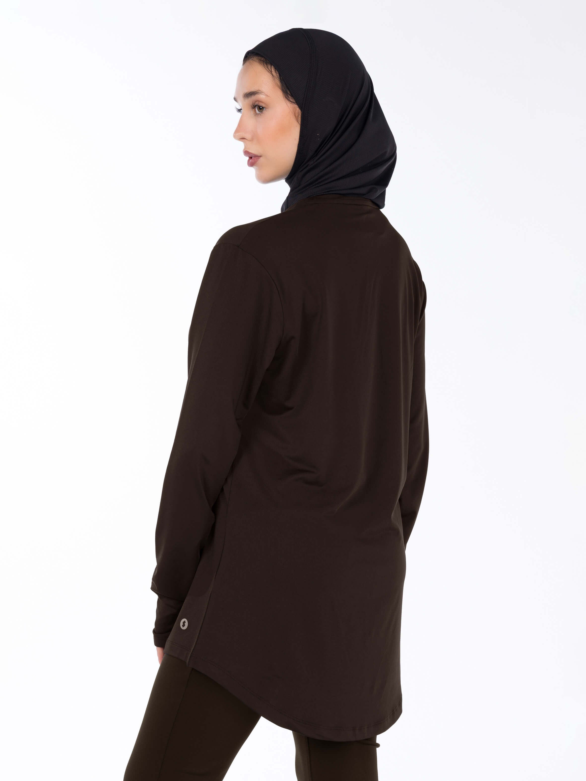WOMEN BROWN MODEST LONG-SLEEVE SPORTS GYM  TOP