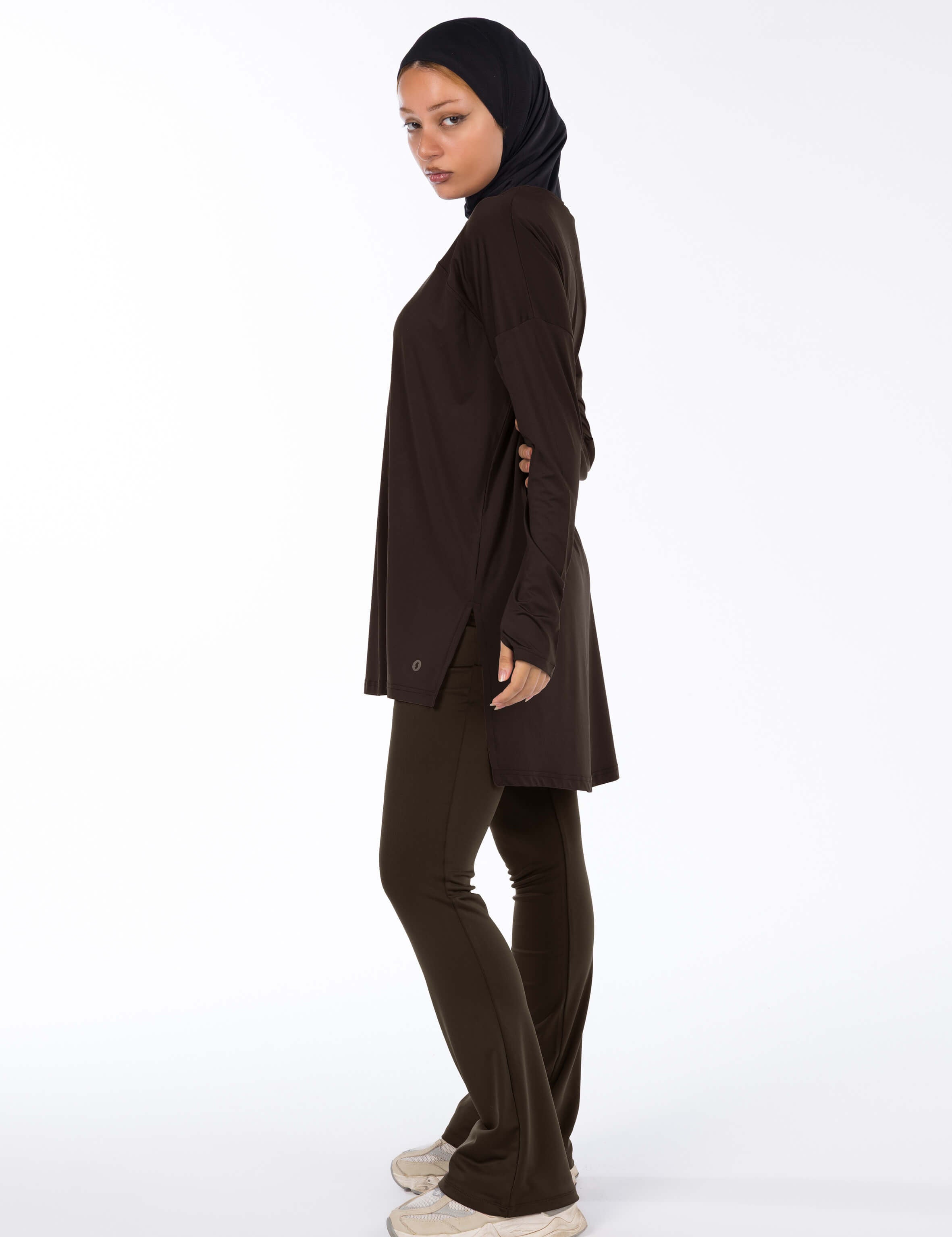 WOMEN BROWN MODEST LONG-SLEEVE SPORTS GYM HIJABI  TOP and Flare pants