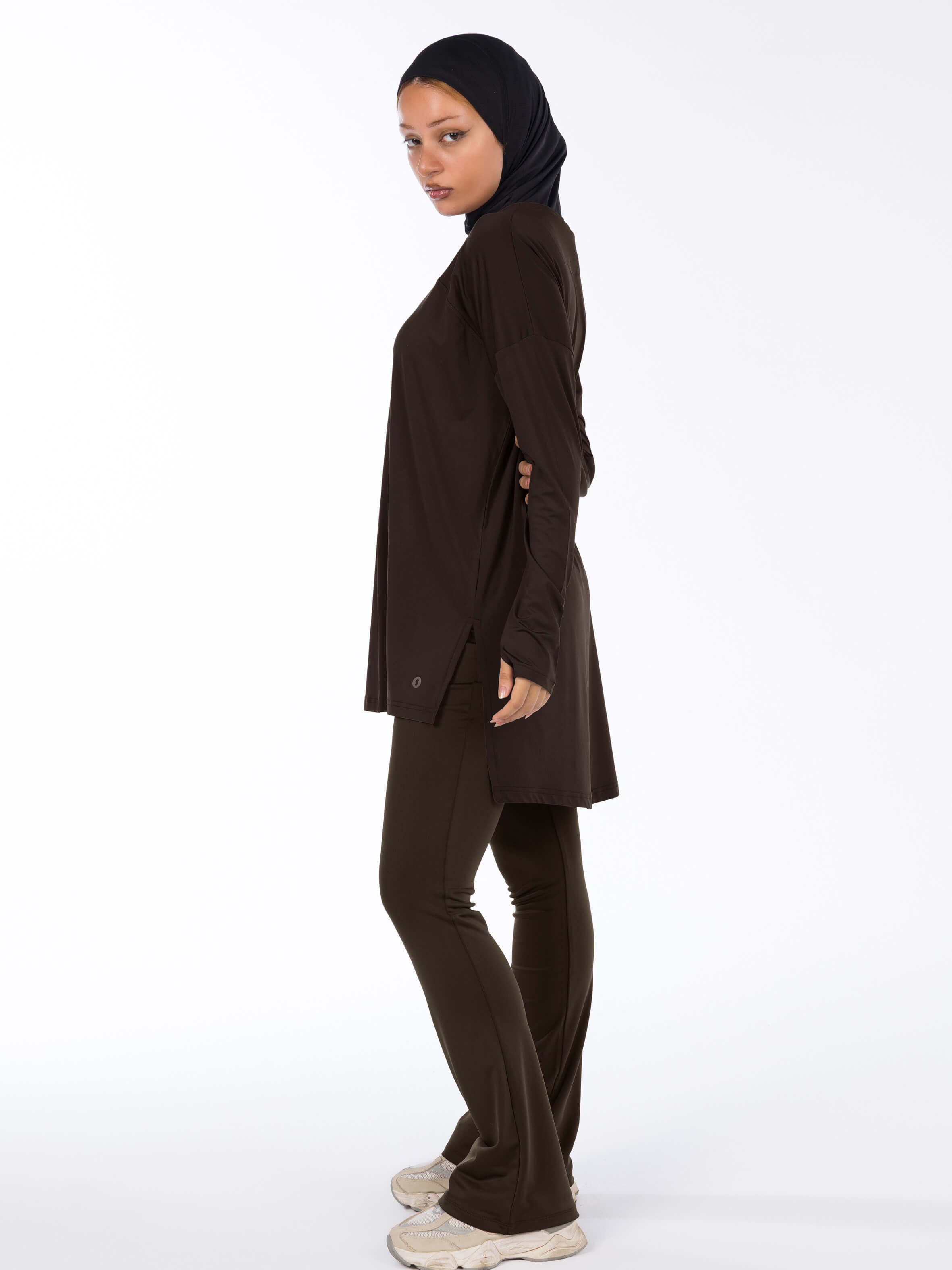 WOMEN BROWN MODEST LONG-SLEEVE SPORTS GYM HIJABI  TOP and Flare pants
