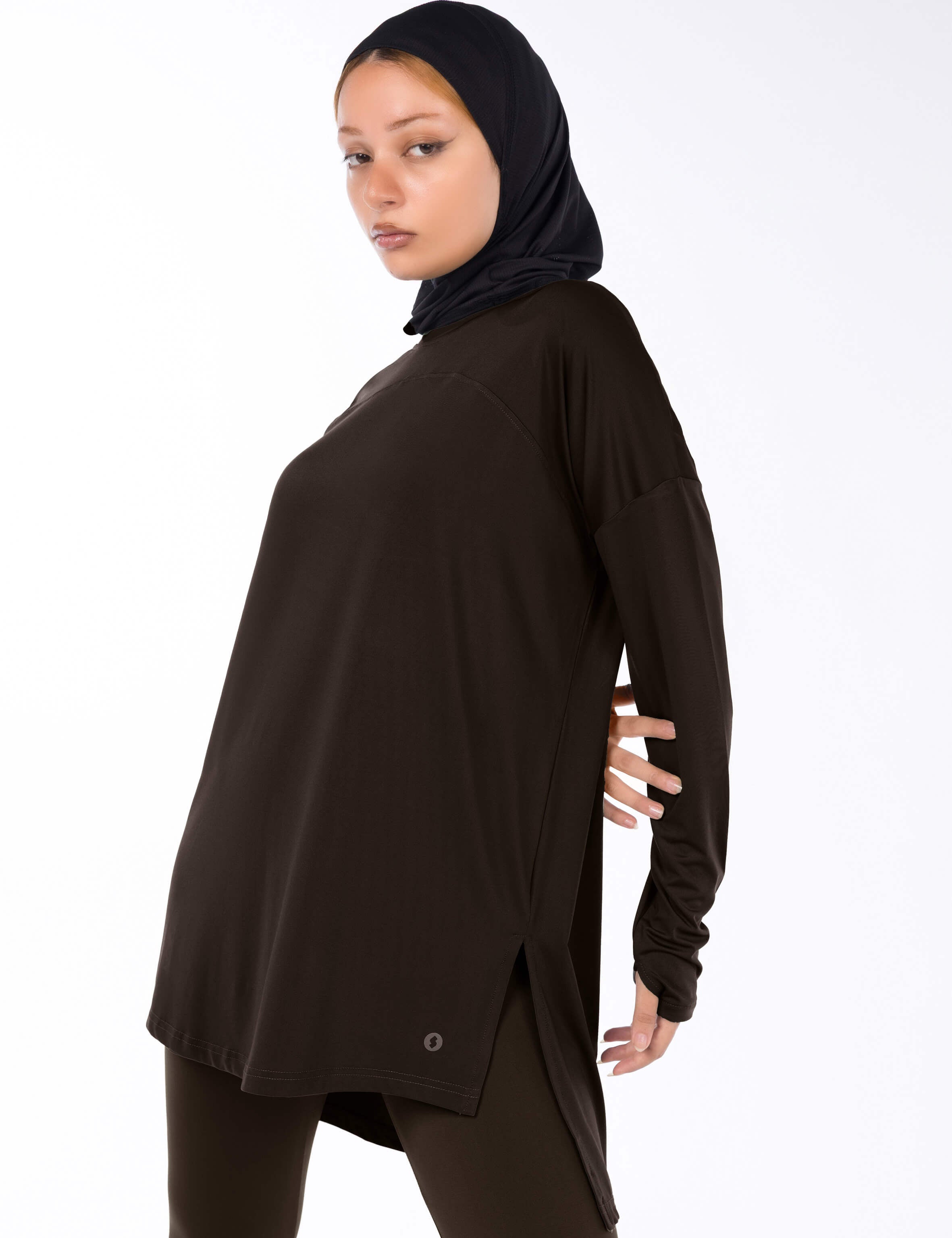 WOMEN BROWN MODEST LONG-SLEEVE SPORTS GYM HIJABI  TOP