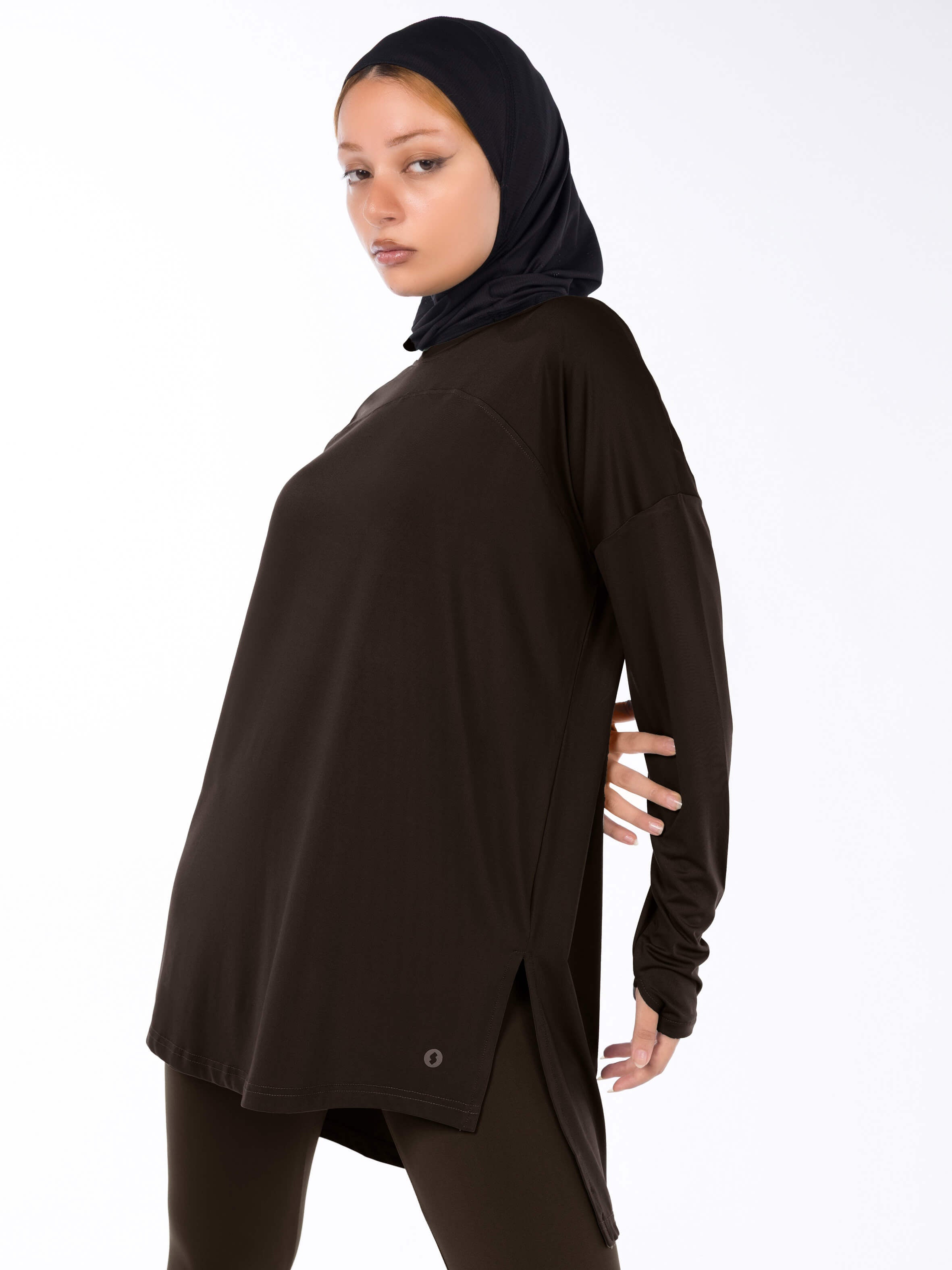WOMEN BROWN MODEST LONG-SLEEVE SPORTS GYM HIJABI  TOP