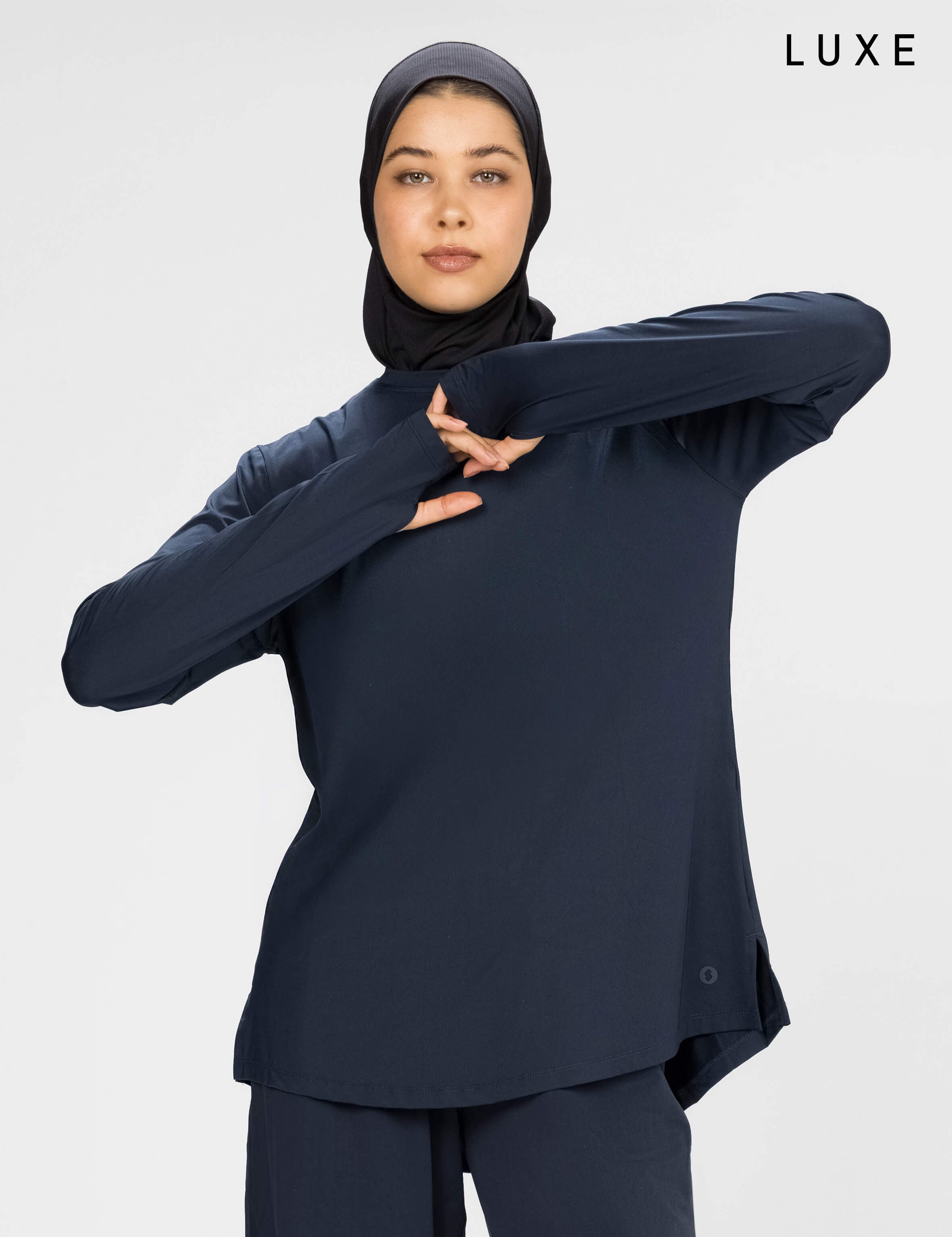 Women navy long-sleeve modest sports activewear top by KAF