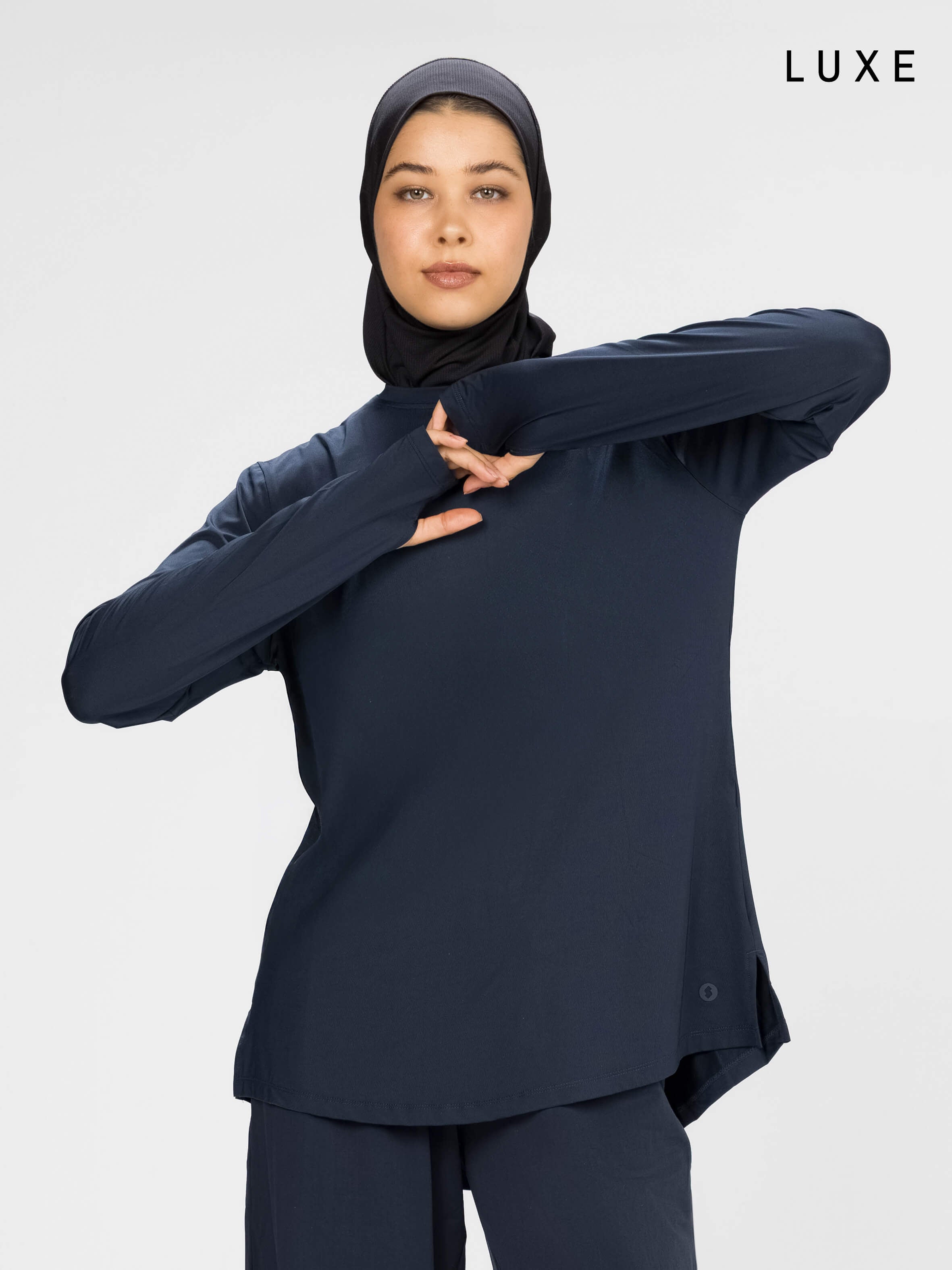 Women navy long-sleeve modest sports activewear top by KAF