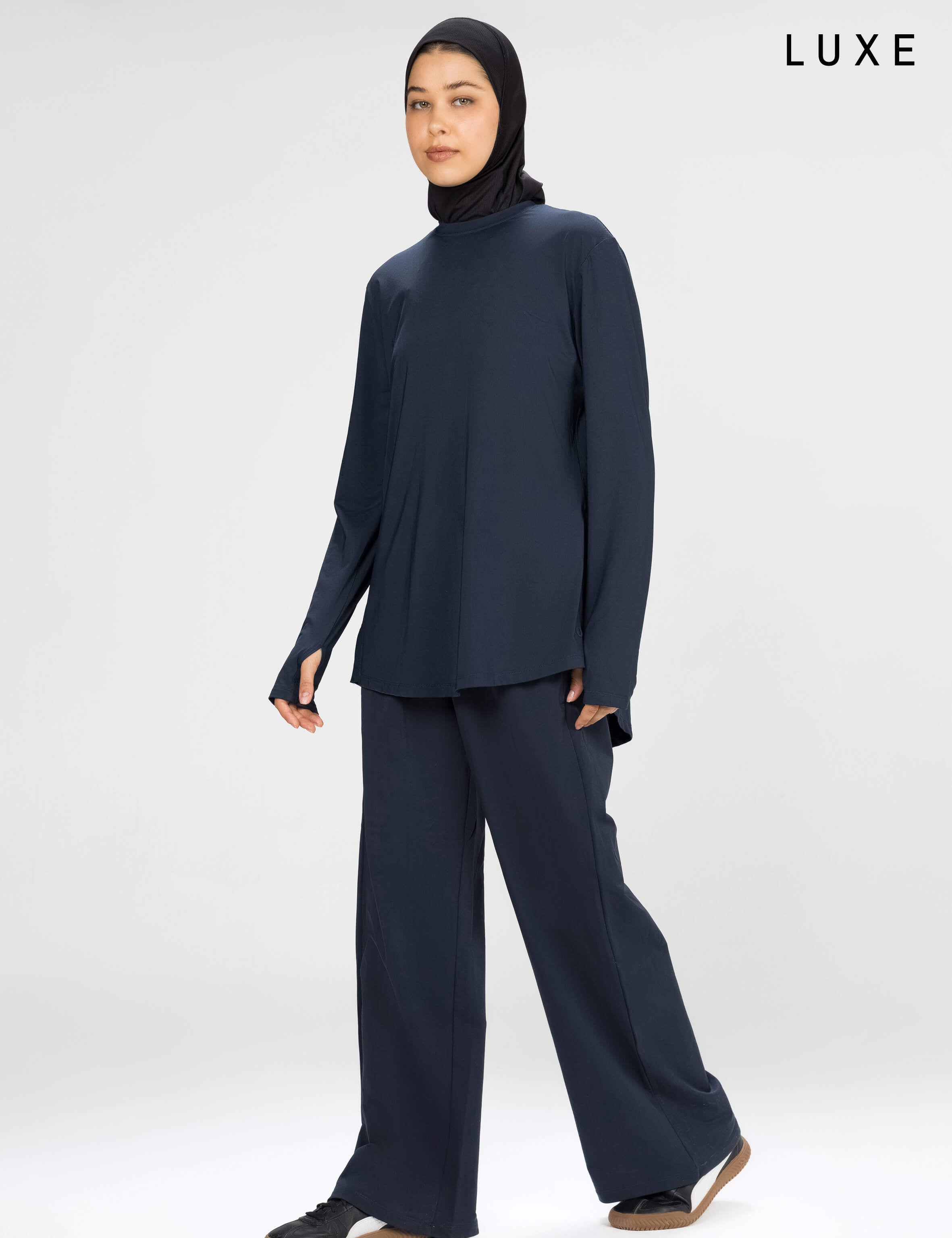 Women navy long-sleeve modest sports activewear top by KAF